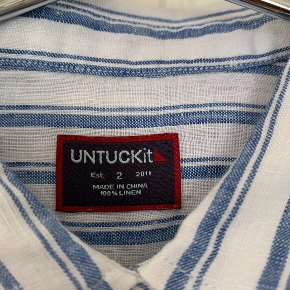 UNTUCKit Top 2 100% Linen Button Up Shirt Blue White Stripe Perfect Holiday Gift - Picture 3 of 10